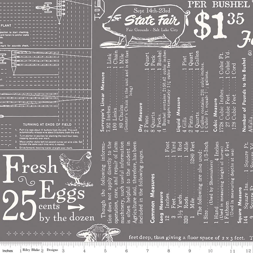 Fabric, Farm Girl Vintage by Lori Holt WIDE BACK 108" FARM LIFE STEEL (by the yard)