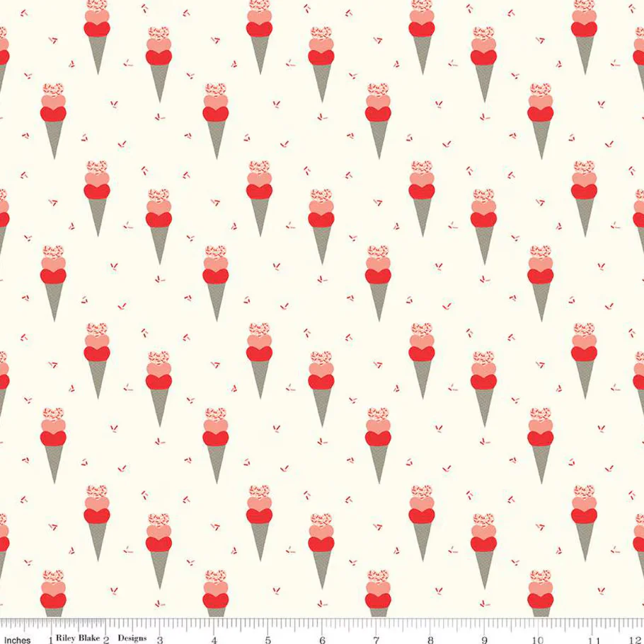 Fabric, Heart Ice Cream Cones by Sandy Gervais - CREAM (by the yard)