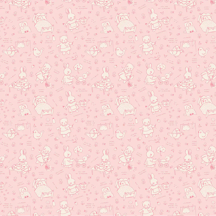 Fabric, Poppie Cotton Home Sweet Home - Pink Chore Time (by the yard)