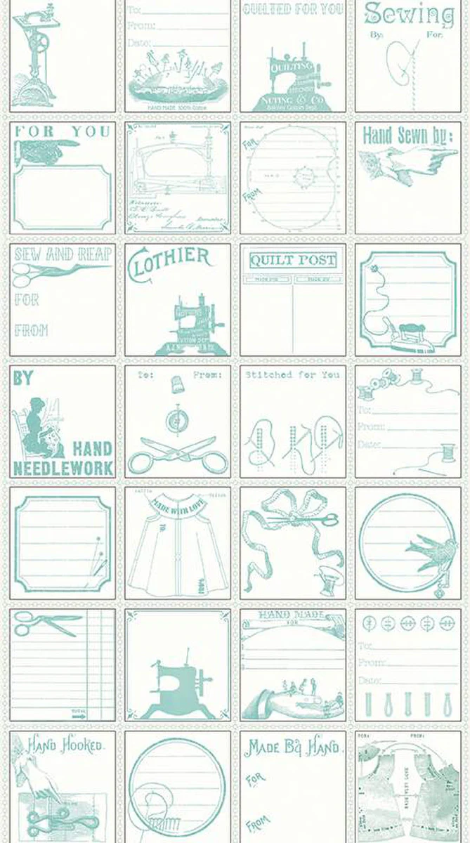Fabric, Quilt Labels ~ Old-Fashioned Antique Sewing AQUA BLUE (by the yard)