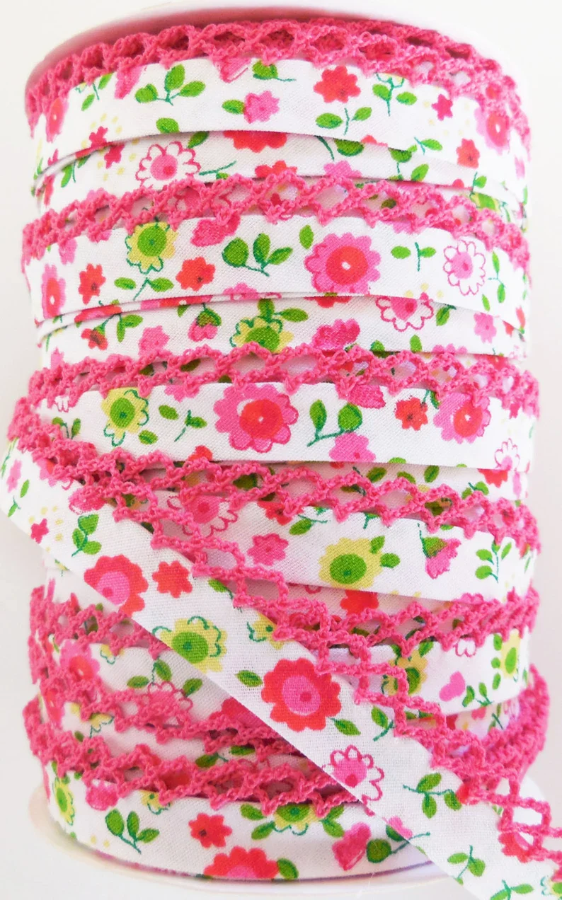 LACE BIAS TAPE, Fuschia Floral Double Fold (by the yard) - Image 2