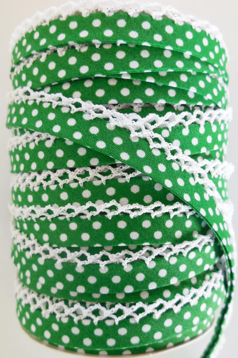 LACE BIAS TAPE, Kelly Green Polka Dot Double Fold Crochet Edge (by the yard) - Image 2