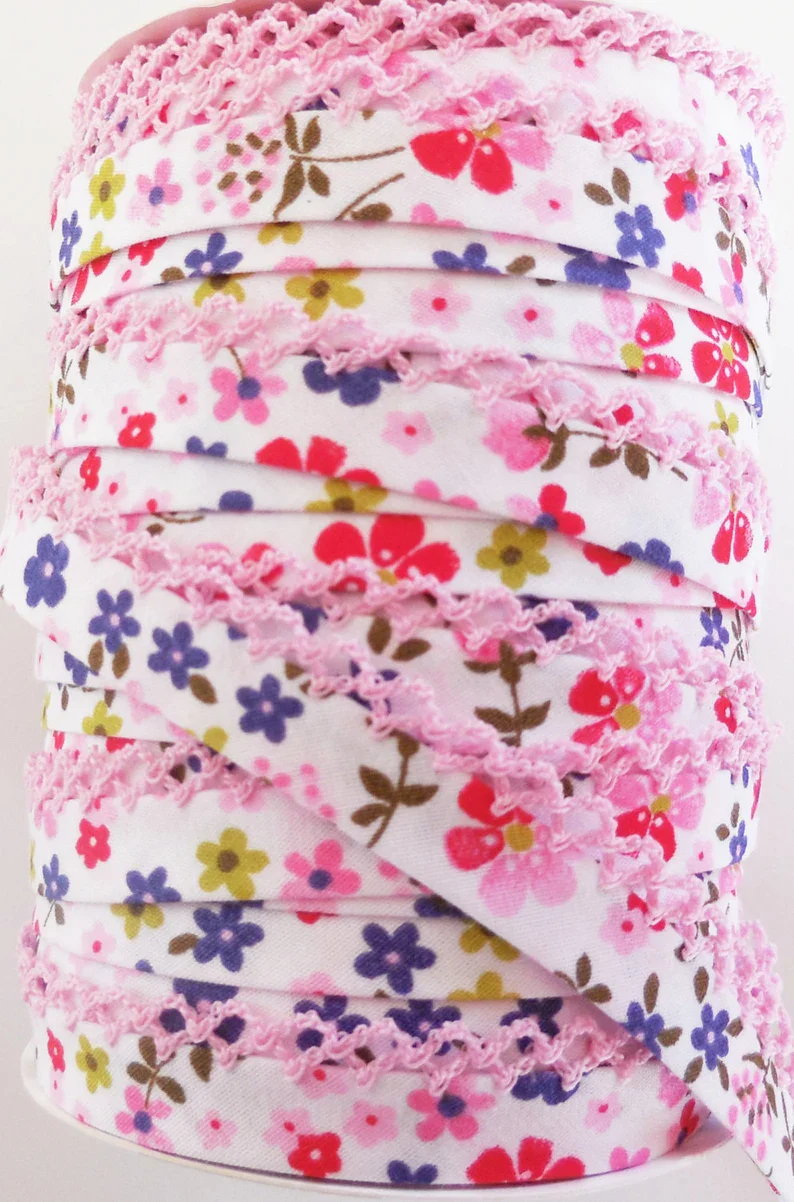 LACE BIAS TAPE, Pink & Purple Floral Double Fold (by the yard) - Image 2