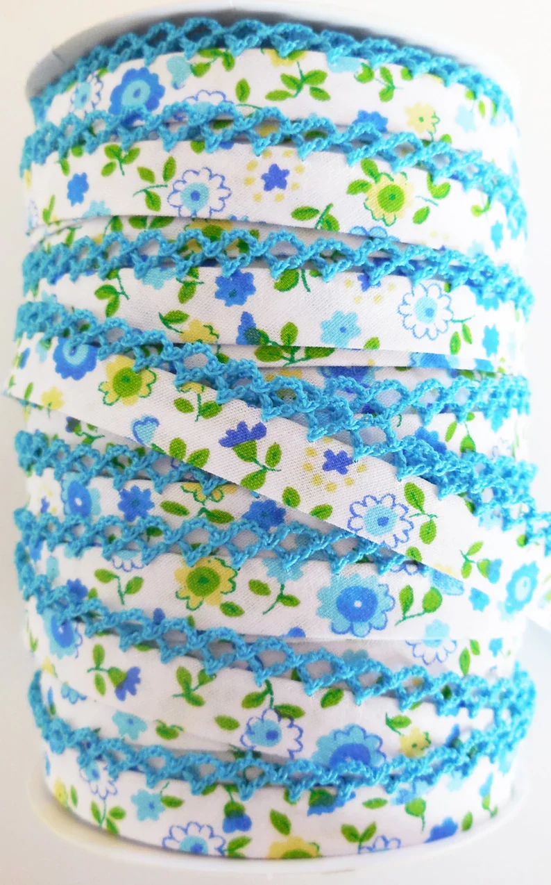 LACE BIAS TAPE, Turquoise Floral Double Fold (by the yard) - Image 2