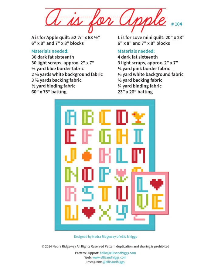 Pattern, A is for Apple / L is for Love Quilt by Ellis & Higgs (digital download) - Image 2
