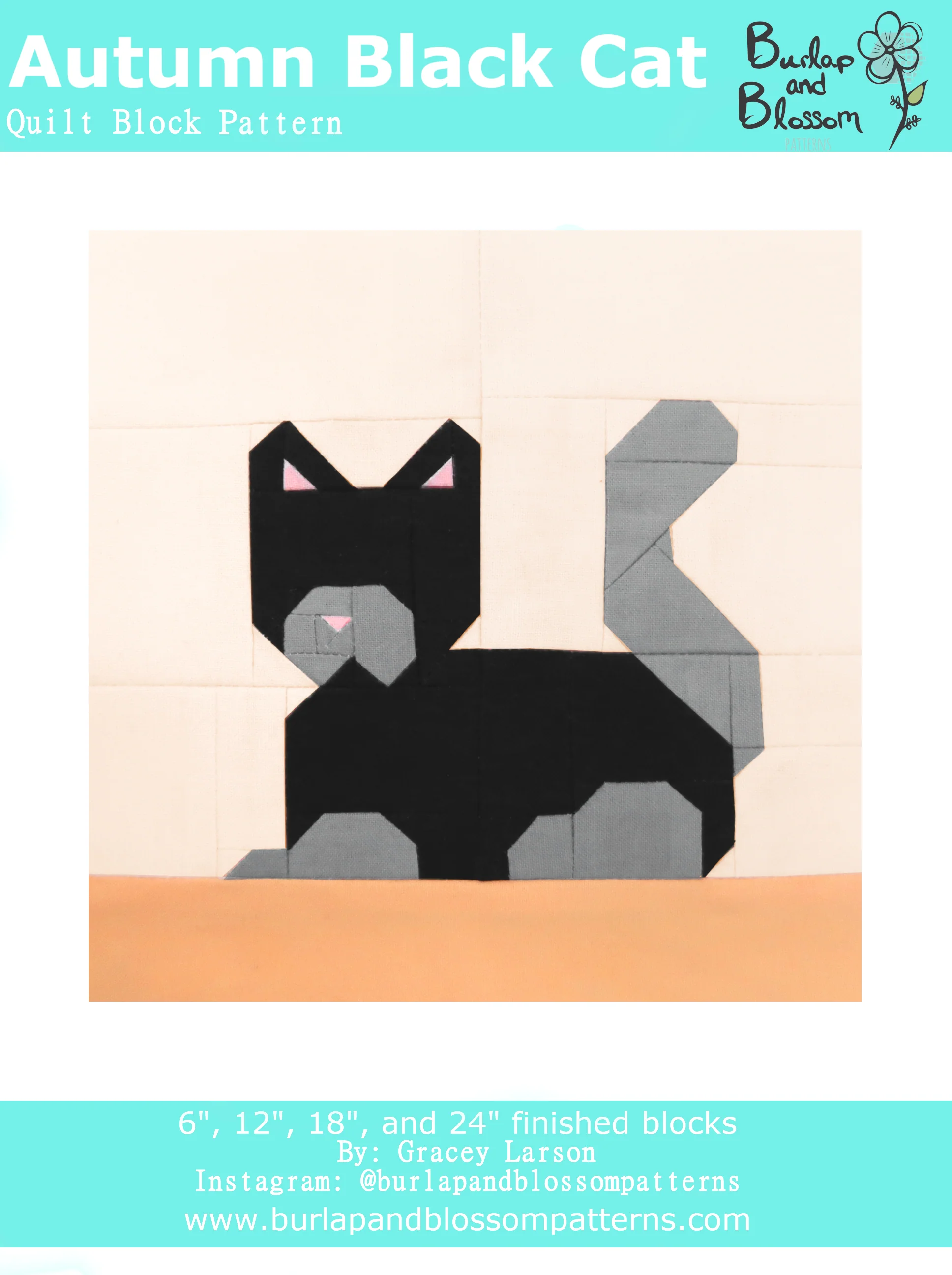 Pattern, Autumn Black Cat Quilt Block by Burlap and Blossom (digital download)