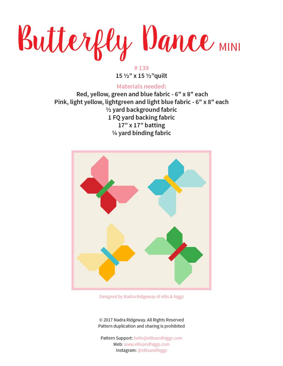 Pattern, Butterfly Dance MINI Quilt by Ellis & Higgs (digital download) - Image 2