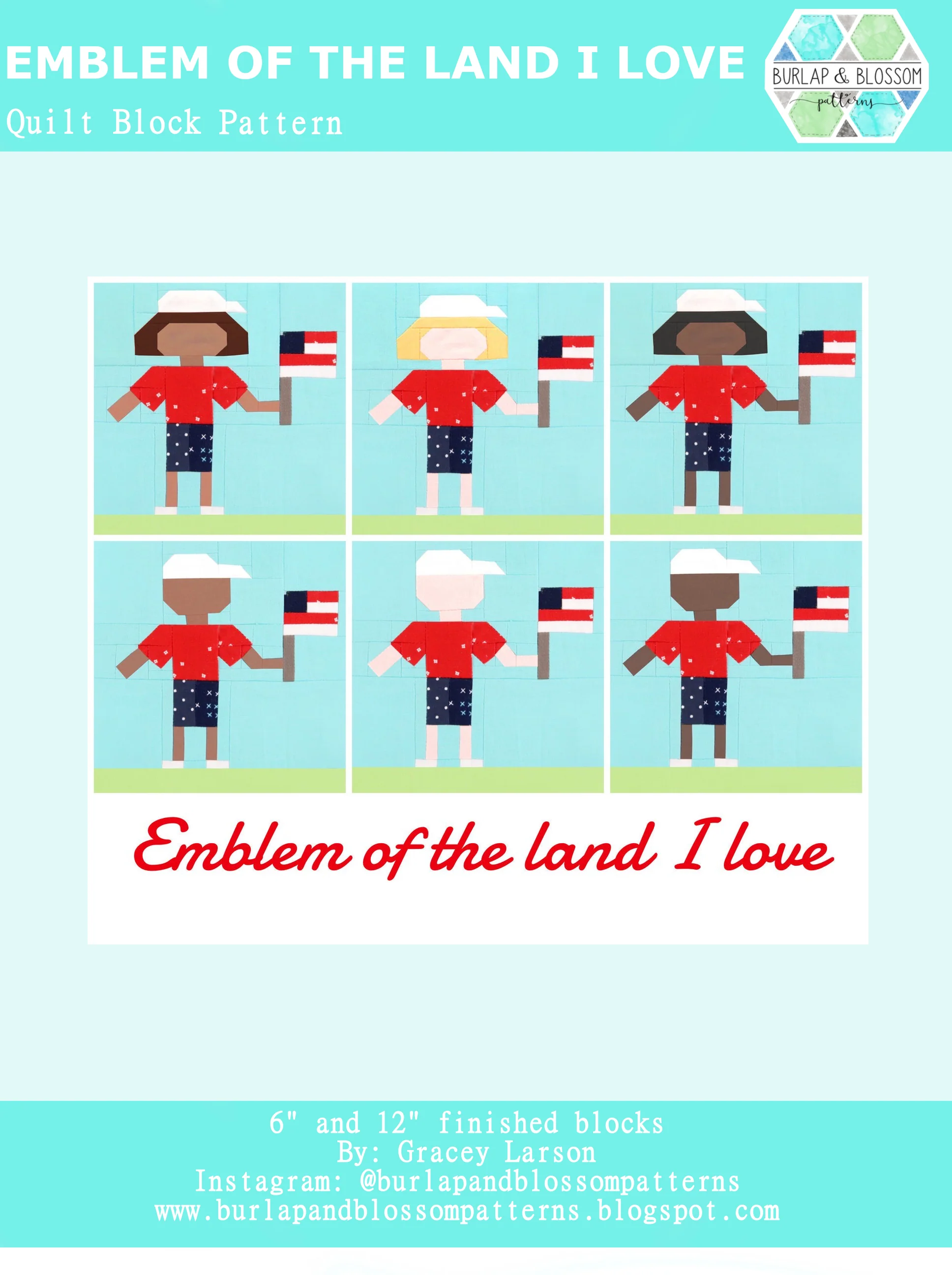 Pattern, Emblem of the Land That I Love Quilt Block by Burlap and Blossom (digital download)