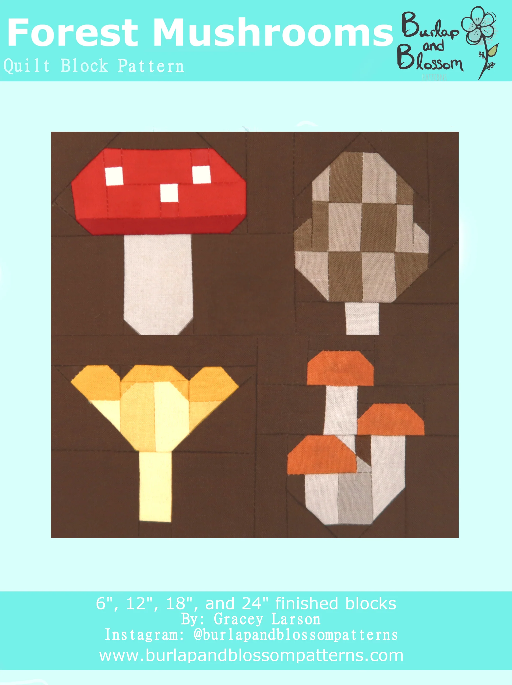 Pattern, Forest Mushrooms Quilt Block by Burlap and Blossom (digital download)