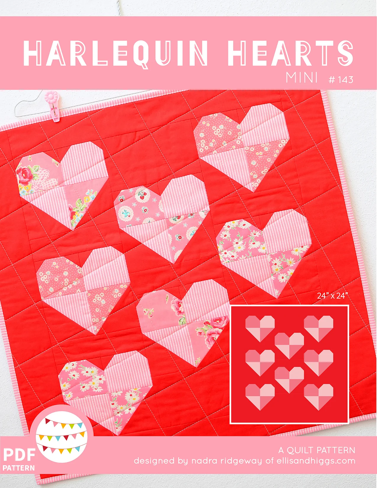 Pattern, Harlequin Hearts MINI Quilt by Ellis & Higgs (digital download)