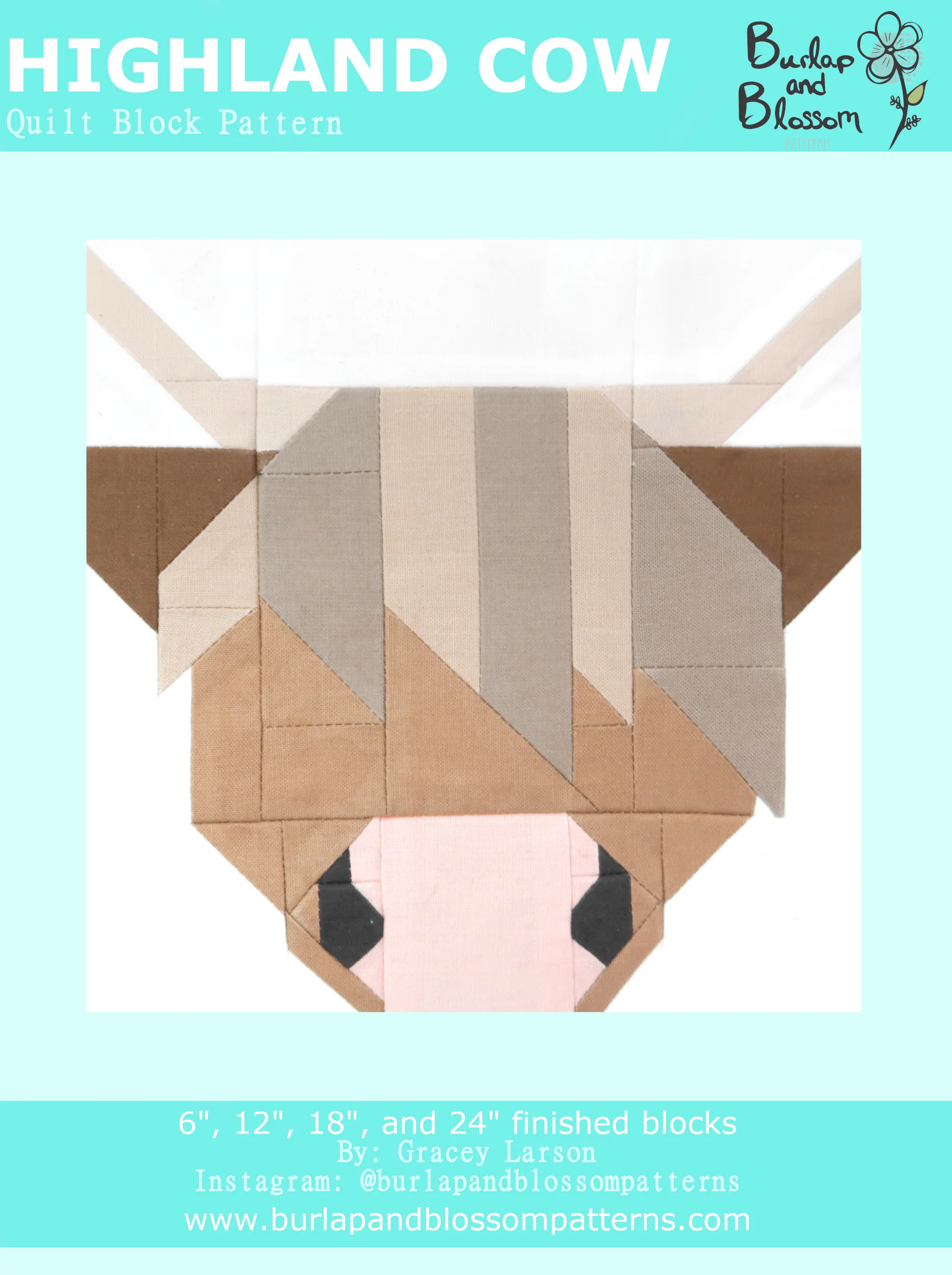 Pattern, Highland Cow Quilt Block by Burlap and Blossom (digital download)