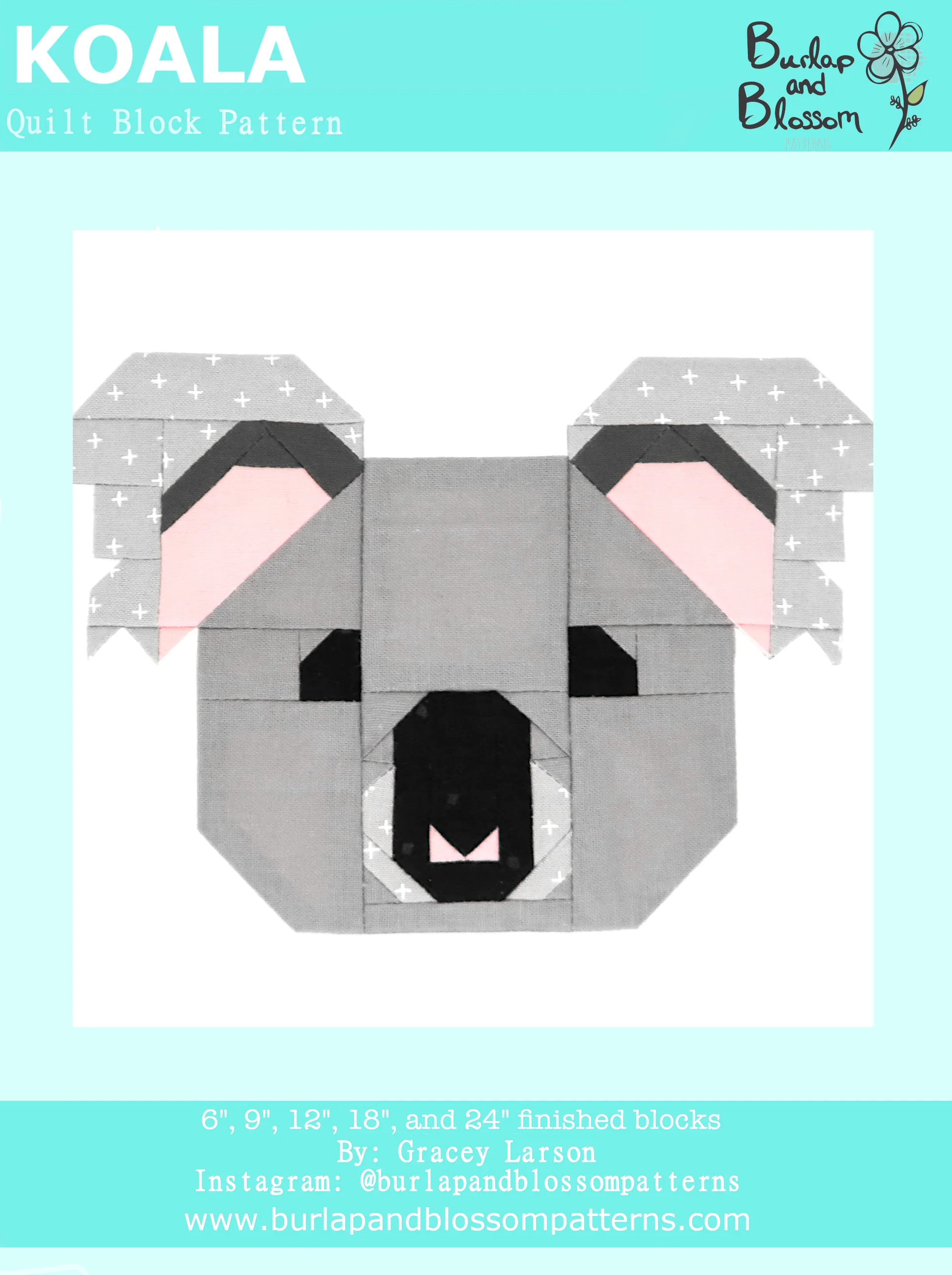 Pattern, Koala Bear Marsupial Quilt Block by Burlap and Blossom (digital download)