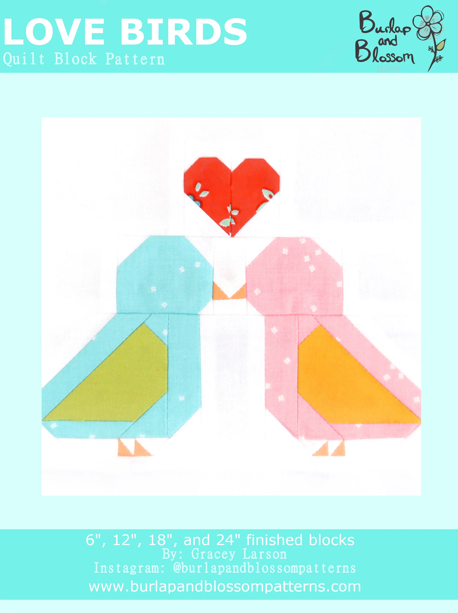 Pattern, Love Birds Quilt Block by Burlap and Blossom (digital download)