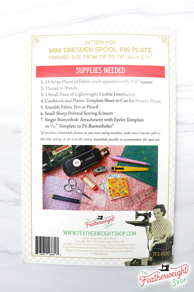 PATTERN, Mini DRESDEN Spool Pin Plate (Pattern ONLY) - Image 2
