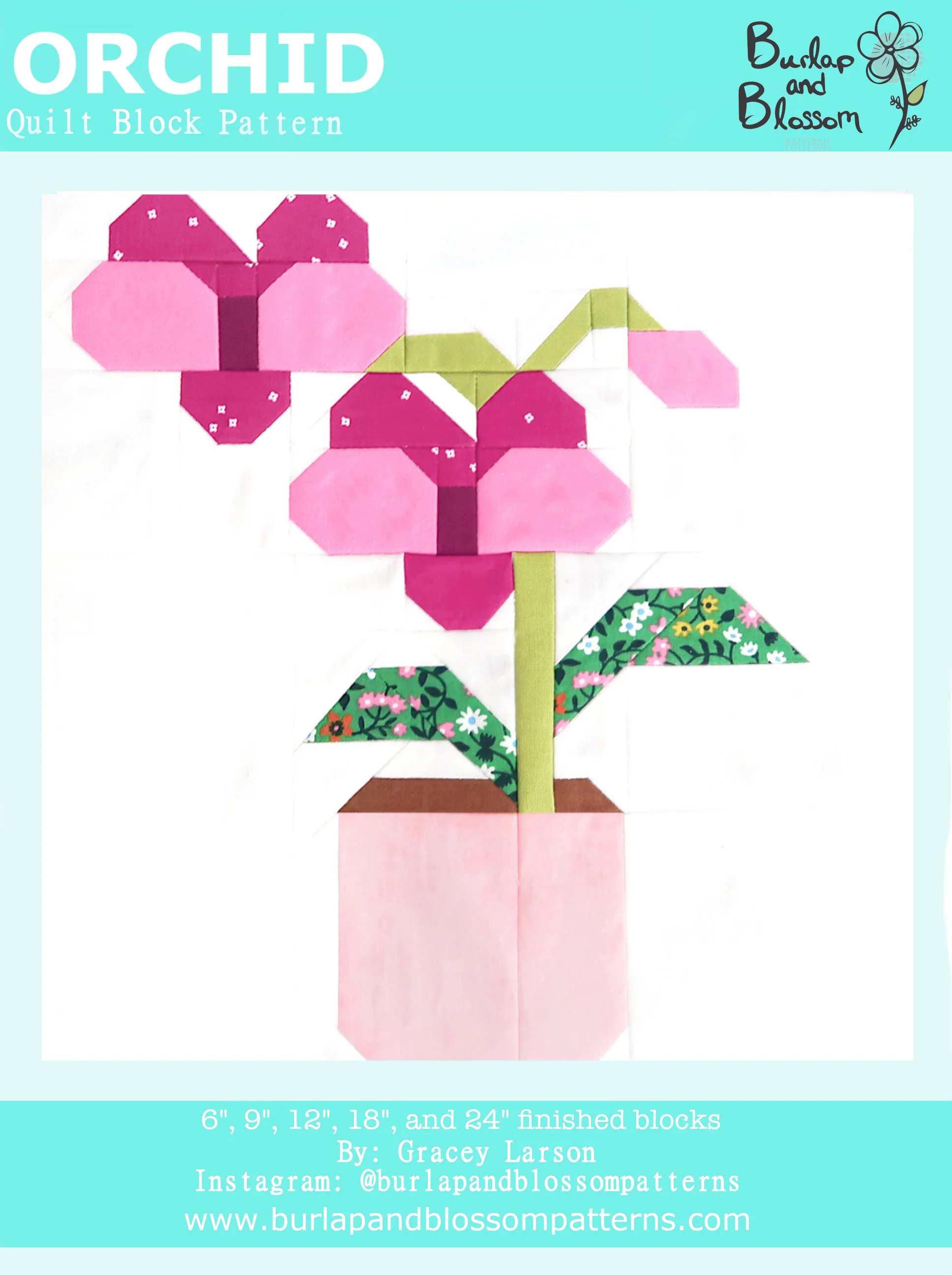Pattern, Orchid Flower Quilt Block by Burlap and Blossom (digital download)