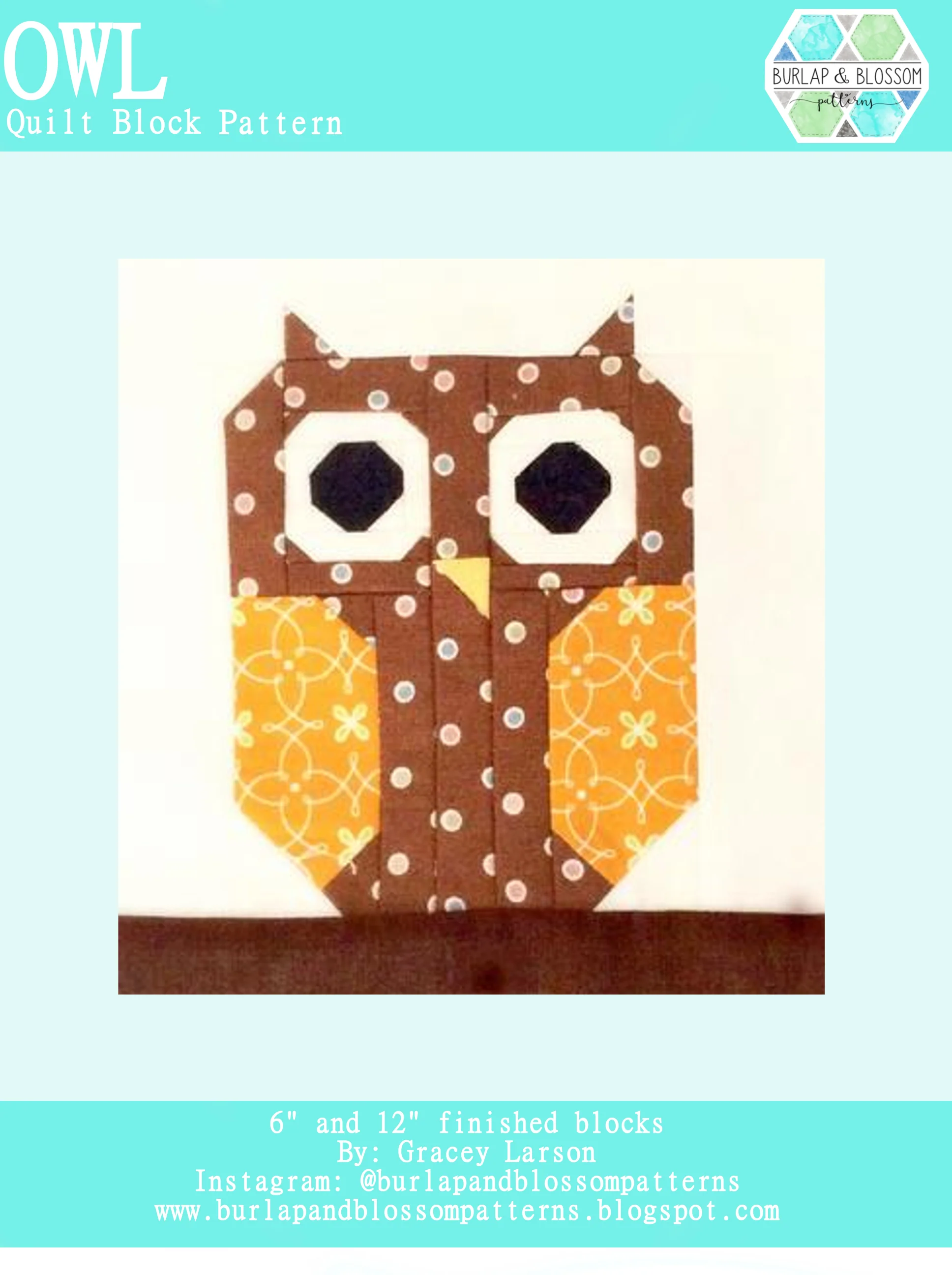 Pattern, Owl Quilt Block by Burlap and Blossom (digital download)