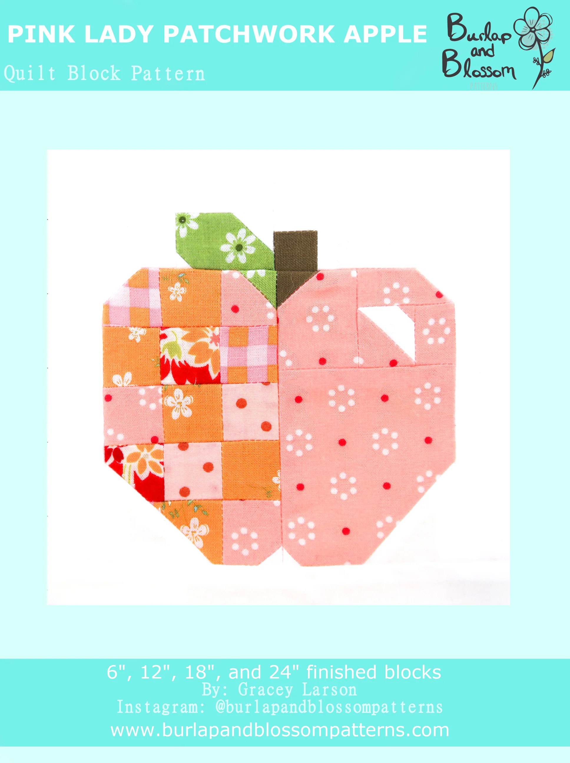 Pattern, Pink Lady Patchwork Apple Quilt Block by Burlap and Blossom (digital download)