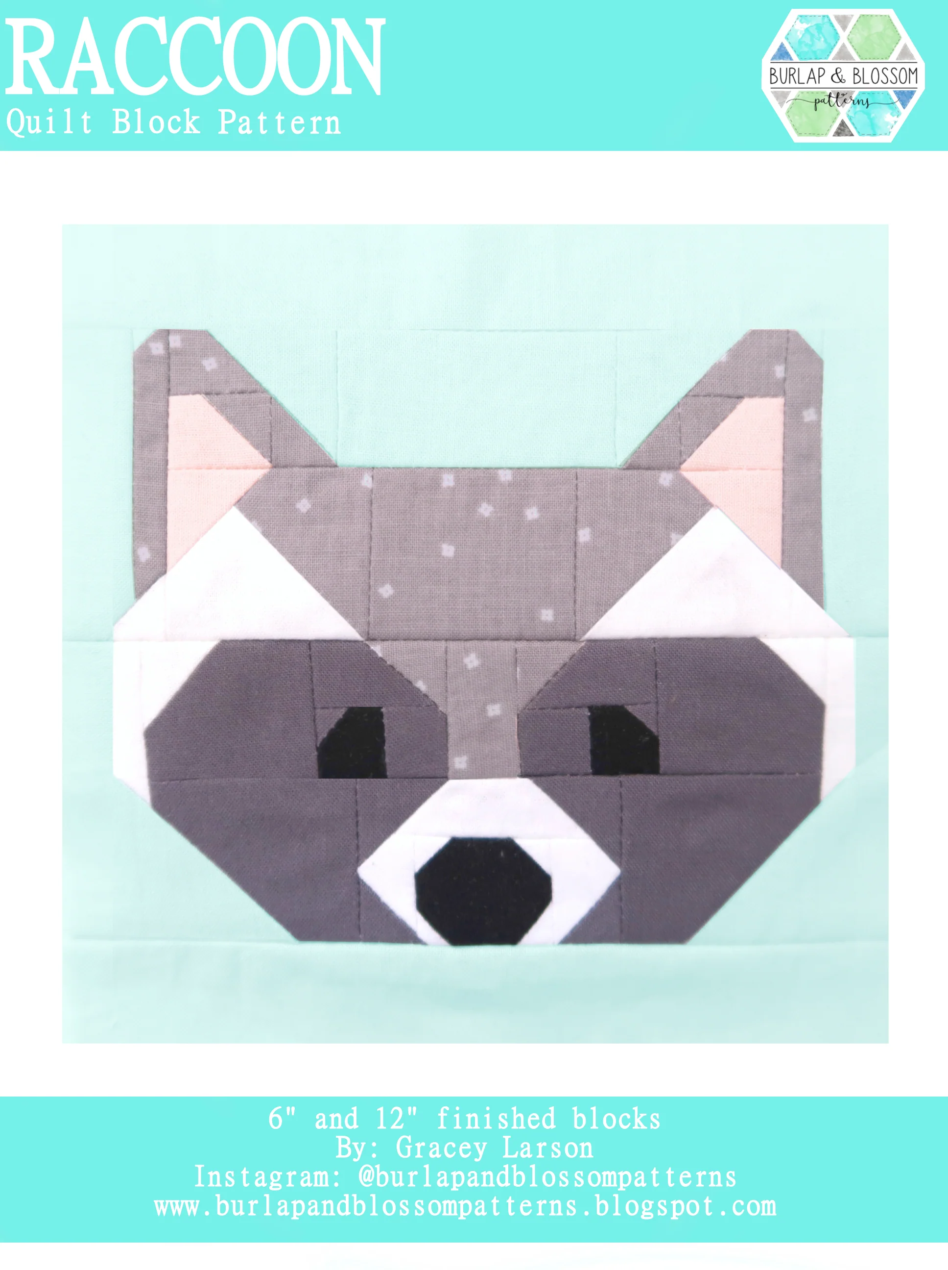 Pattern, Raccoon Quilt Block by Burlap and Blossom (digital download)