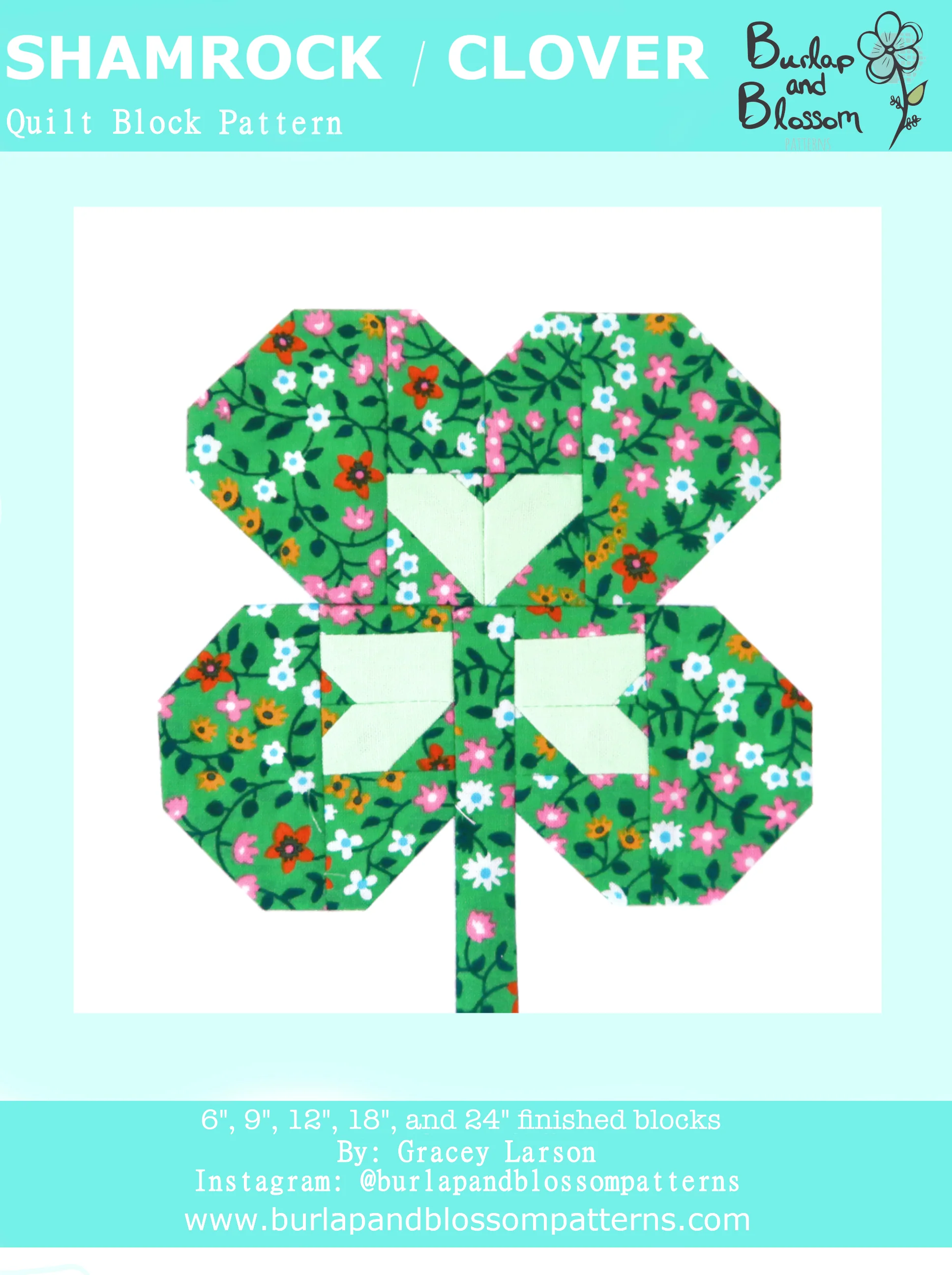 Pattern, Shamrock Clover Quilt Block by Burlap and Blossom (digital download)