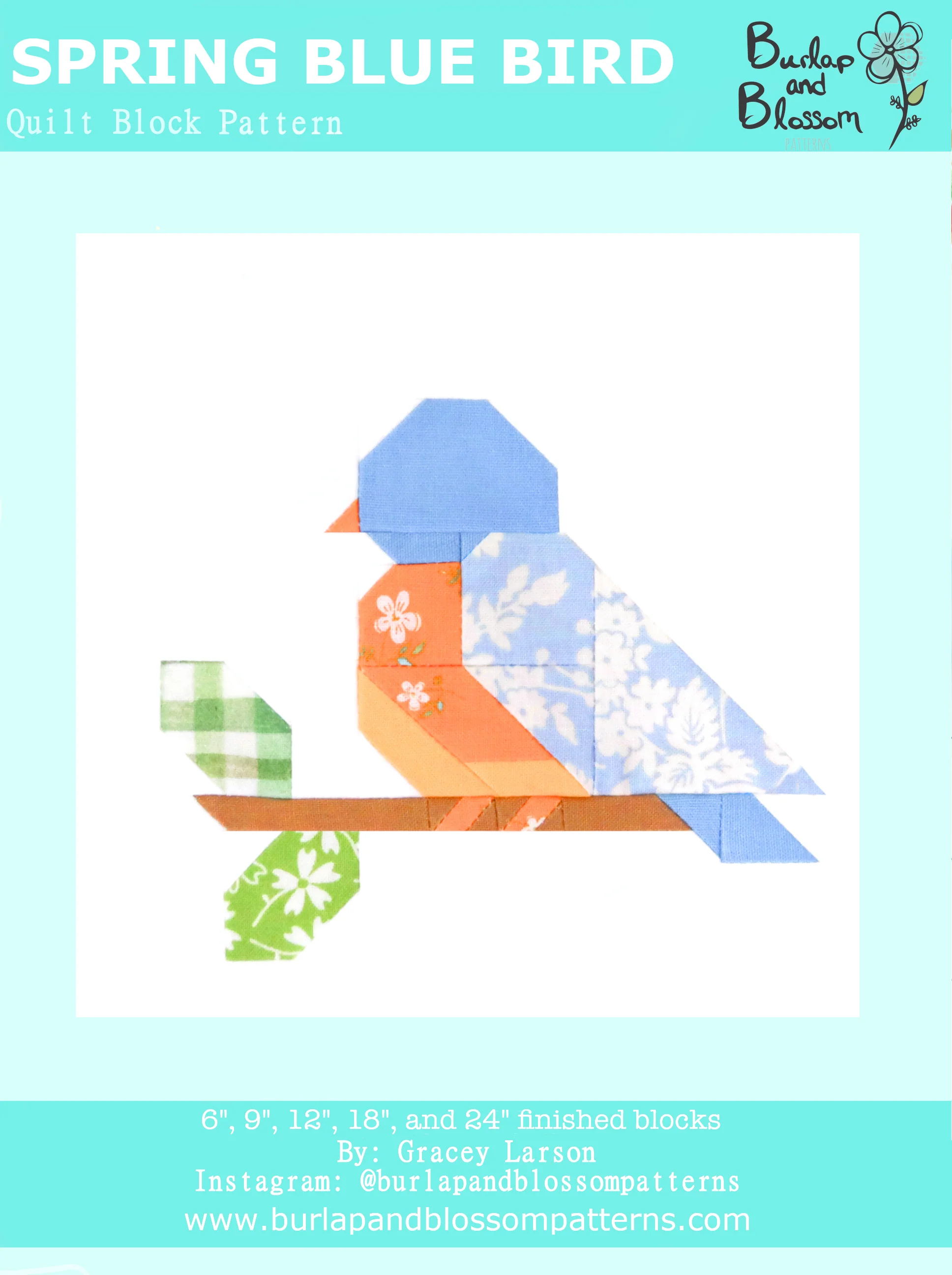 Pattern, Spring Blue Bird Quilt Block by Burlap and Blossom (digital download)