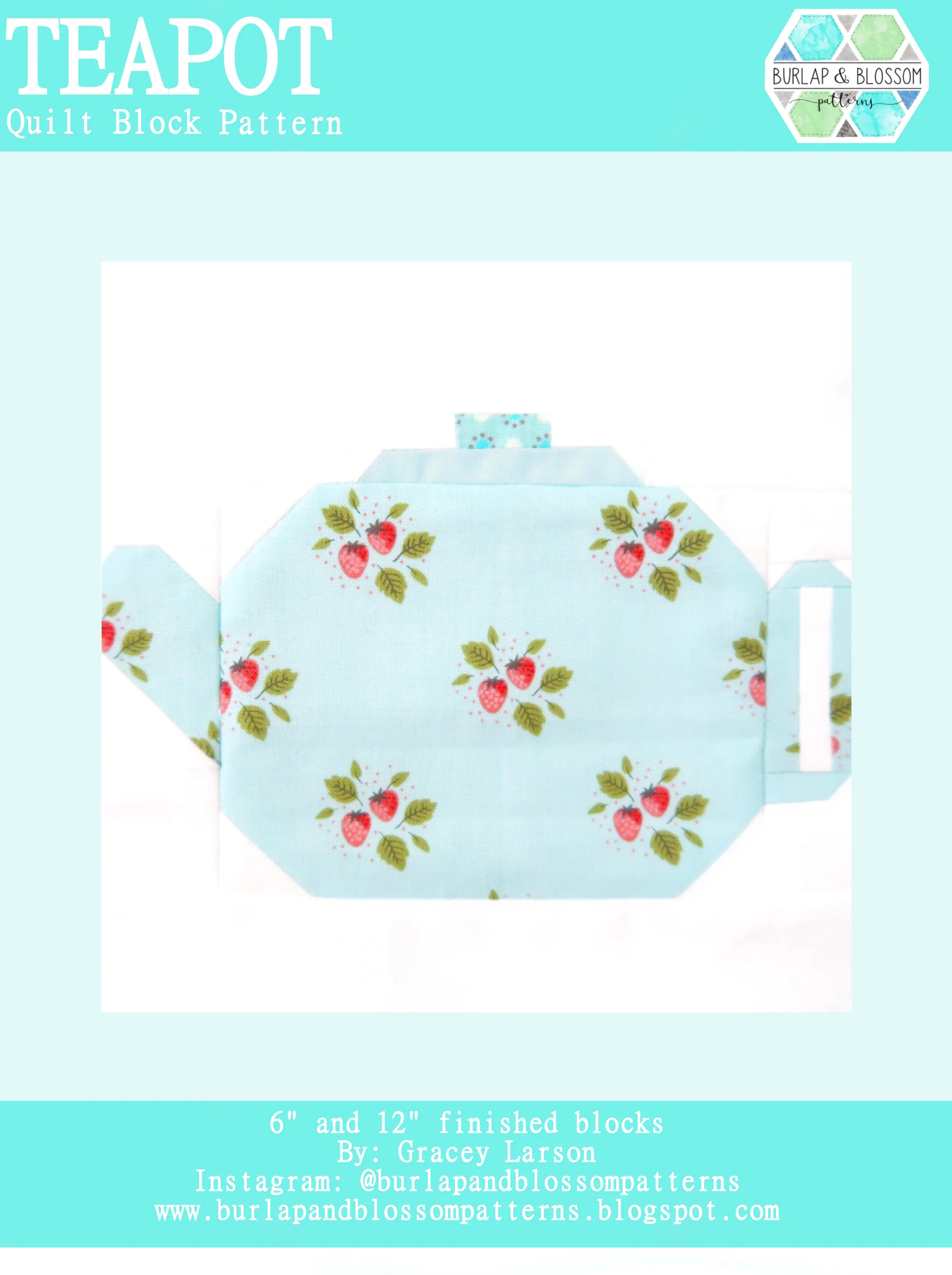Pattern, Teapot Quilt Block by Burlap and Blossom (digital download)