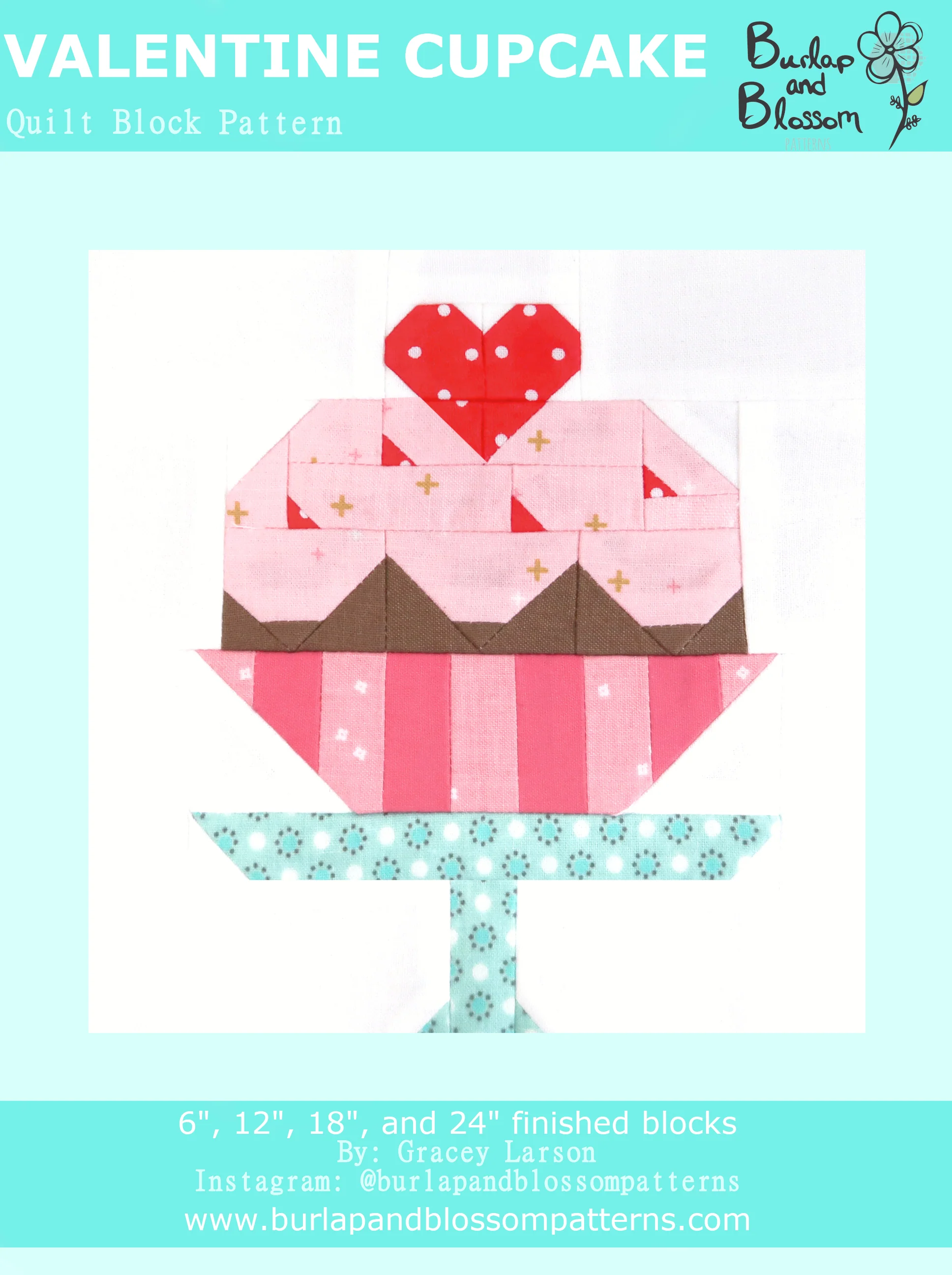 Pattern, Valentine Cupcake Quilt Block by Burlap and Blossom (digital download)