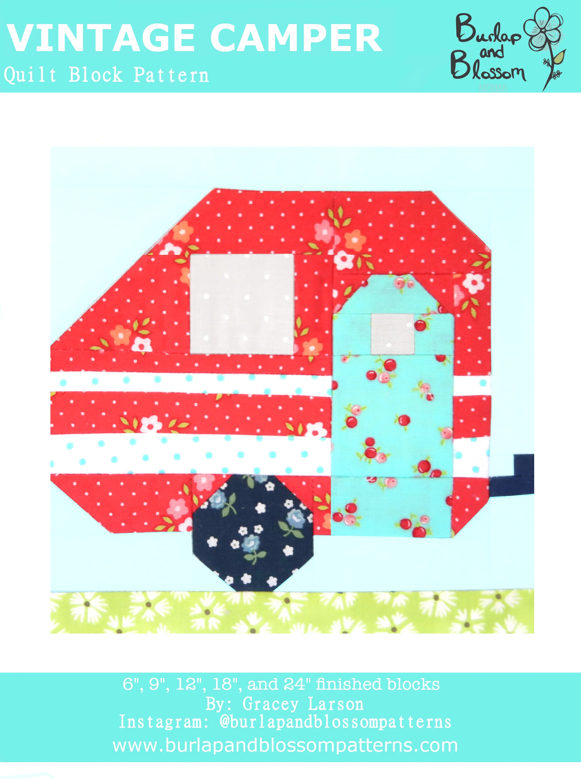 Pattern, Vintage Camper Quilt Block by Burlap and Blossom (digital download)