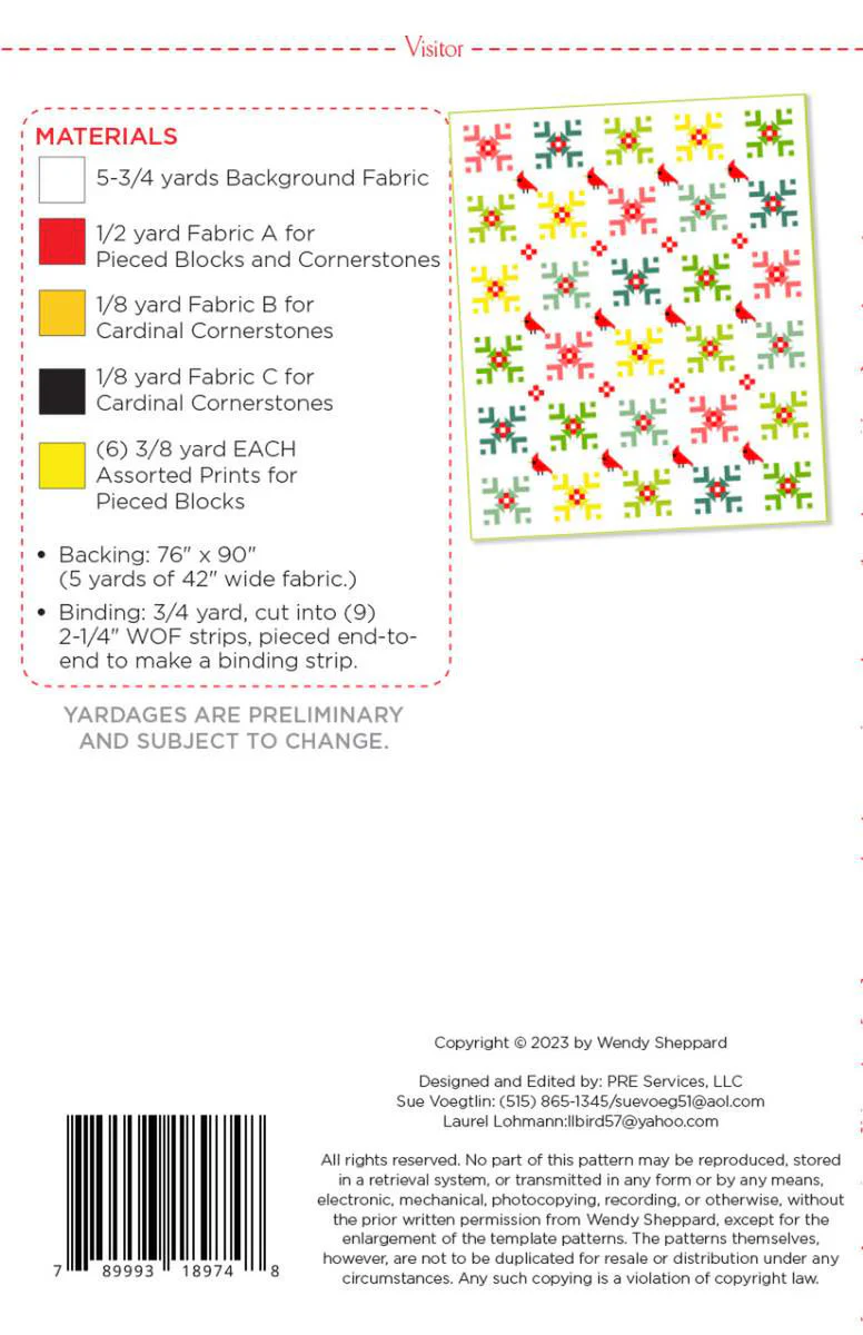 PATTERN, Visitor Christmas Cardinal Quilt by Wendy Sheppard - Image 3