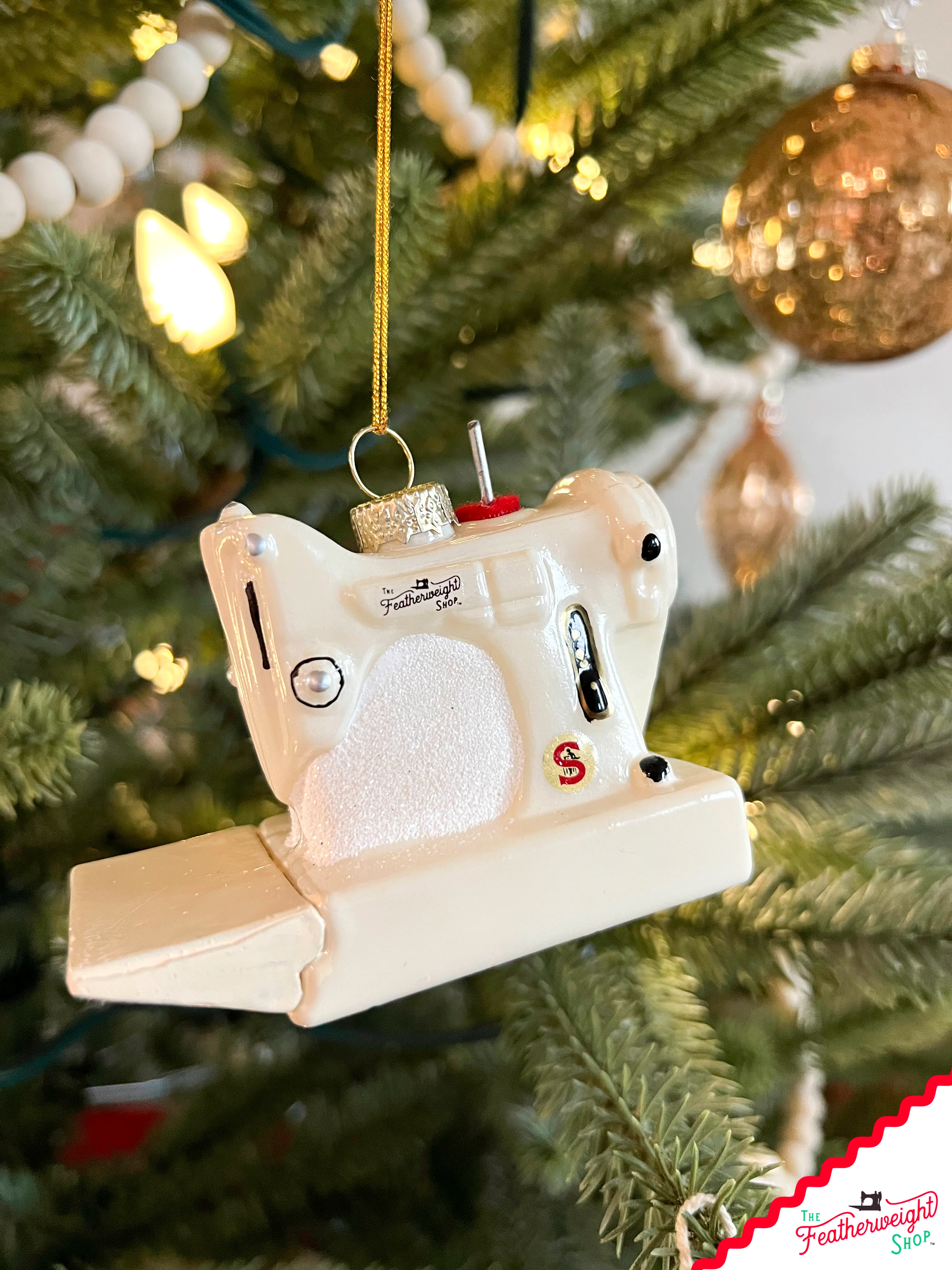 Christmas ORNAMENT, White Singer Featherweight Blown Glass Collectible - Image 4